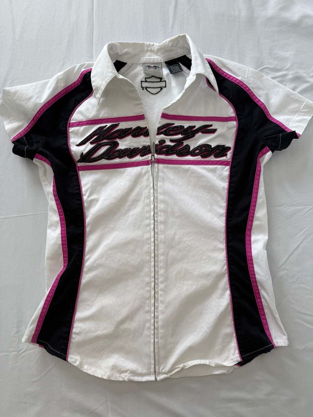 Harley-Davidson Women's Embroidered Full-Zip Shirt White Black Pink S